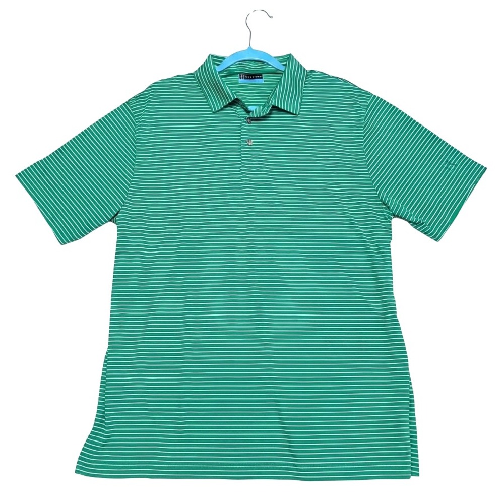 PGA Tour Polo Shirt Mens L Large Green White Striped Performance Golf